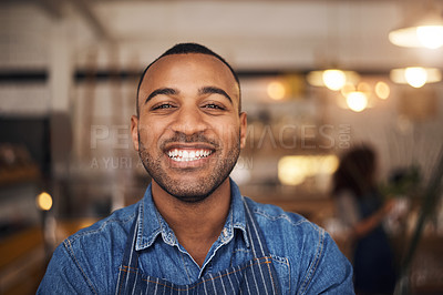 Buy stock photo Coffee shop, happy waiter and portrait of black man in restaurant for service, working and smile in cafe. Small business owner, bistro startup and face of male waiter in cafeteria ready to serve