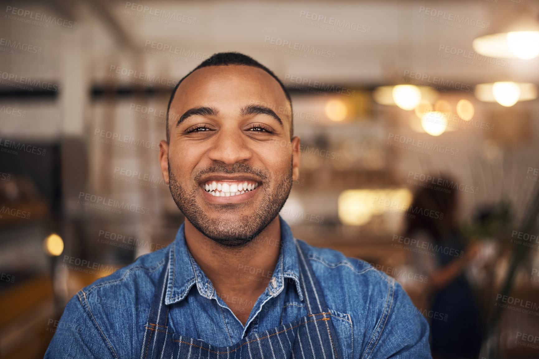 Buy stock photo Coffee shop, happy waiter and portrait of black man in restaurant for service, working and smile in cafe. Small business owner, bistro startup and face of male waiter in cafeteria ready to serve