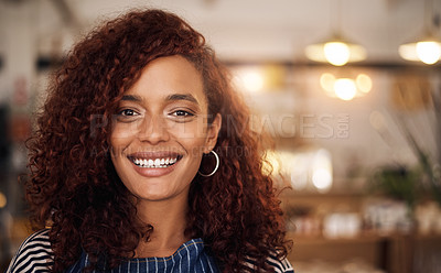 Buy stock photo Happy, coffee shop and portrait of African woman in cafe for service, working and bistro startup. Small business owner, restaurant manager and face of female waiter smile in cafeteria ready to serve