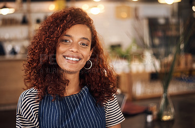 Buy stock photo Coffee shop, barista and portrait of happy woman in cafe for service, working and smile for bistro startup. Small business owner, restaurant and face of female waitress in cafeteria ready to serve