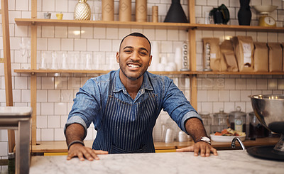 Buy stock photo Coffee shop, happy and portrait of black man in restaurant for service, working and welcome in cafe. Small business owner, barista startup and male waiter smile in cafeteria ready to serve by counter