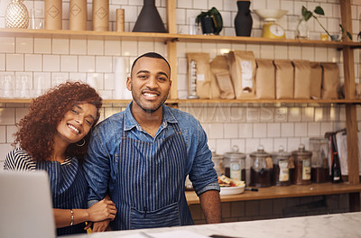 Buy stock photo Coffee shop, happy couple and portrait of waiters at cafe or startup store. Small business owner, man and face of woman together in restaurant for partnership, cooperation and teamwork with cashier