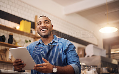 Buy stock photo Waiter, tablet and manager with man in cafe for online, entrepreneurship or startup. African, technology and food industry with small business owner in restaurant for barista, planning or coffee shop