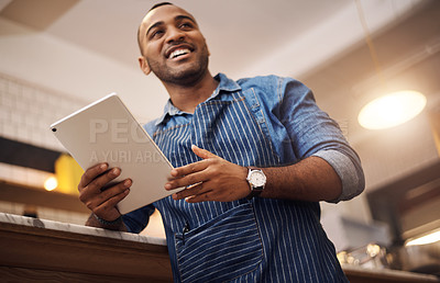 Buy stock photo Coffee shop, tablet and smile with man in cafe for online, entrepreneurship and startup. African, technology and food industry with small business owner in restaurant for barista, network and waiter