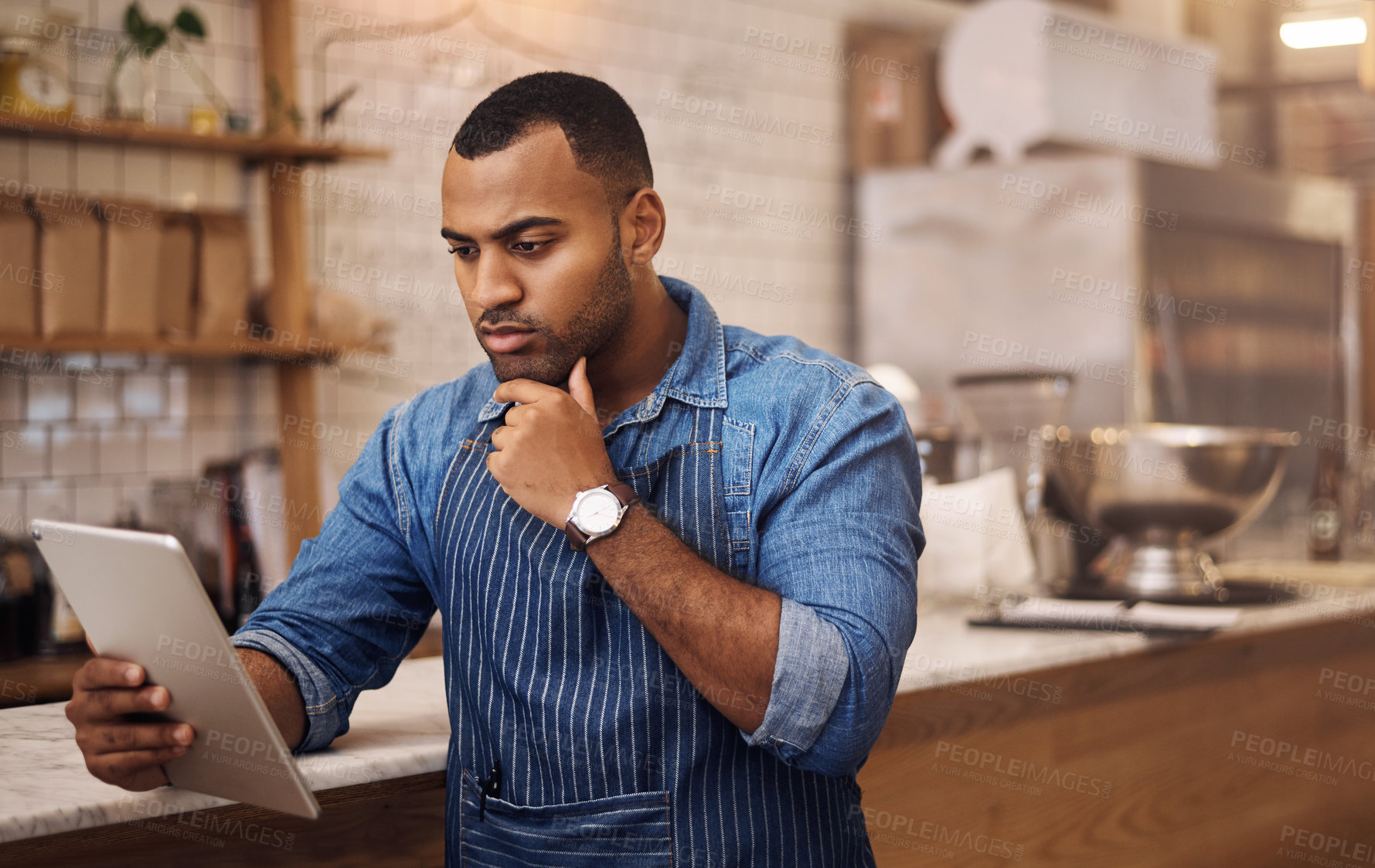 Buy stock photo Thinking, tablet and manager with man in cafe for online, entrepreneurship and startup. Retail, technology and food industry with small business owner in restaurant for African barista in coffee shop