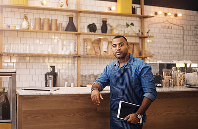 Buy stock photo Waiter, tablet and portrait of man in cafe for online, entrepreneurship and startup. African, technology and food industry with small business owner in restaurant for barista, manager and coffee shop