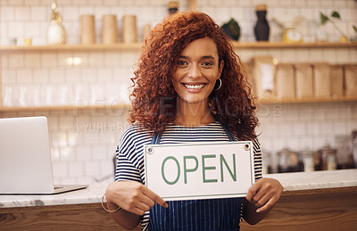 Buy stock photo Open, sign and portrait of happy woman at shop, store and notice of retail trading time, board and advertisement. Small business owner, waitress and advertising cafe opening, signage and information