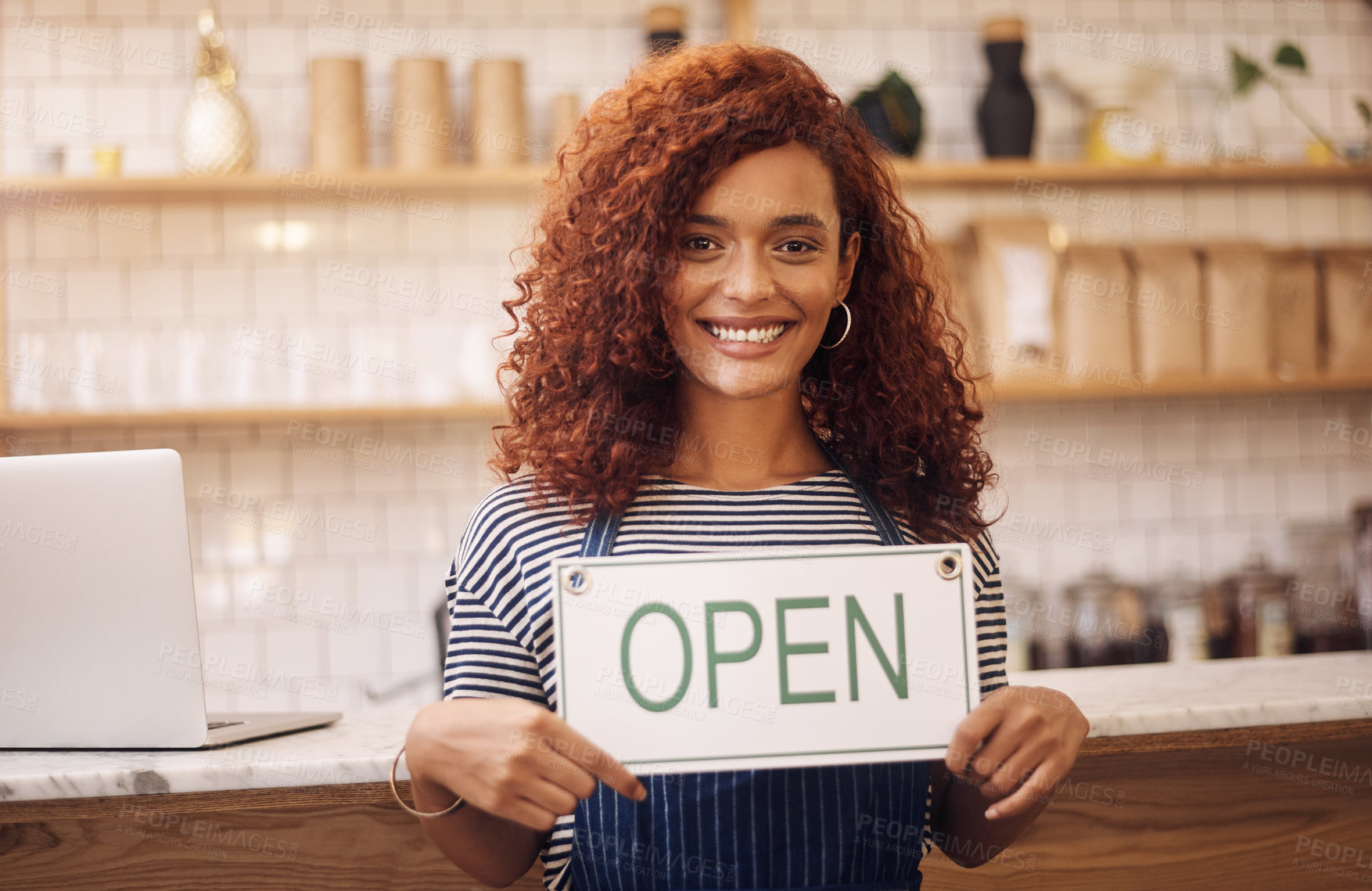 Buy stock photo Open, sign and portrait of happy woman at shop, store and notice of retail trading time, board and advertisement. Small business owner, waitress and advertising cafe opening, signage and information