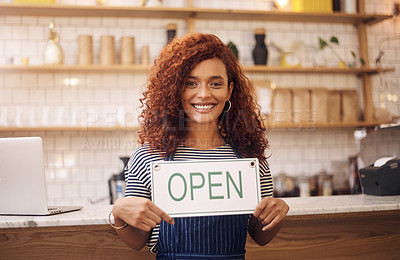 Buy stock photo Portrait, woman and smile with open sign in cafe, shop and store for retail trading time, board and advertisement. Happy restaurant owner opening small business with signage, information and welcome