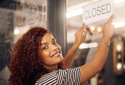 Buy stock photo Closed, sign and portrait of happy woman at shop, store and notice of retail shopping time, board and advertisement. Small business owner advertising closing of cafe, information or storefront poster