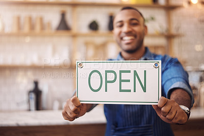 Buy stock photo Closeup of open sign, man and owner of shop, store and advertising notice of retail trading time, services and information. Hands of happy cafe worker with opening banner, welcome and startup poster 