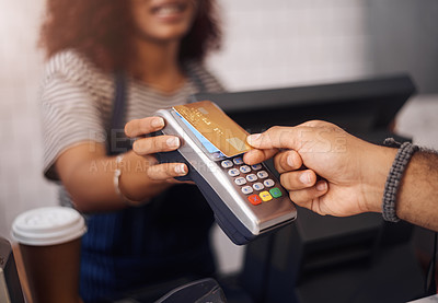Buy stock photo Credit card machine, cafe and hands of customer for b2c shopping, point of sale transaction and finance. Closeup, nfc and contactless payment in coffee shop at cashier, rfid technology and services