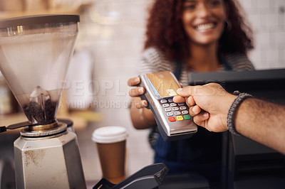 Buy stock photo Credit card, nfc and hands of customer in cafe for b2c shopping, point of sale transaction or finance. Closeup, pos machine and contactless payment, rfid and money in coffee shop, restaurant or store