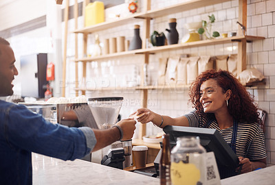Buy stock photo Credit card, coffee shop and happy woman with customer for payment, financial transaction and point of sales service. Finance, trade and bills at cashier in cafe, b2c shopping and restaurant store