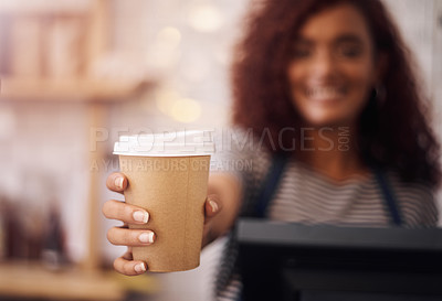 Buy stock photo Closeup of woman, waitress and service of coffee cup in cafeteria, restaurant shop and food industry. Hands of barista, server and giving cappuccino, latte and espresso order for catering of drinks