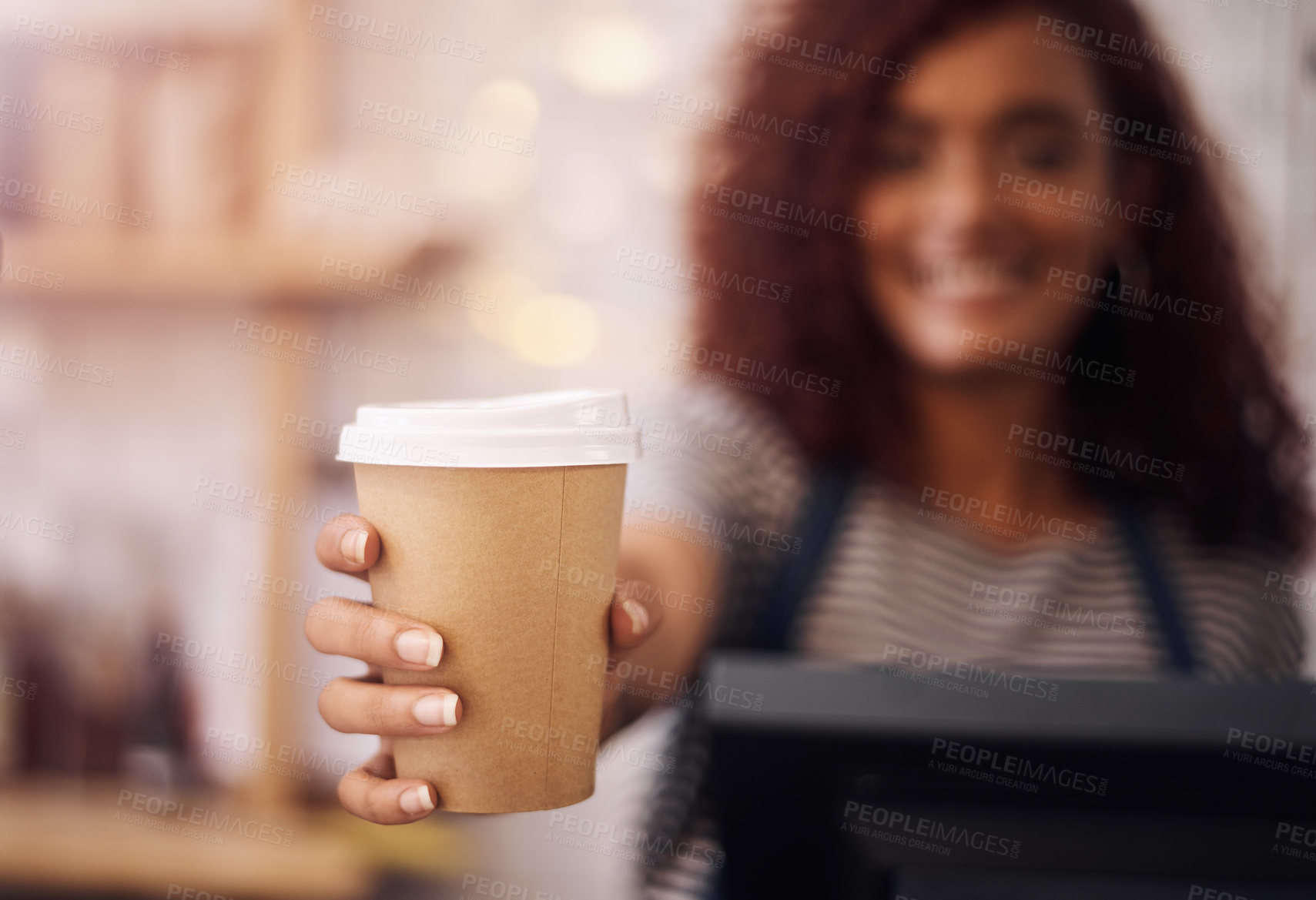 Buy stock photo Closeup of woman, waitress and service of coffee cup in cafeteria, restaurant shop and food industry. Hands of barista, server and giving cappuccino, latte and espresso order for catering of drinks