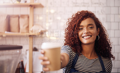 Buy stock photo Portrait of happy woman, waitress service and coffee cup in cafeteria, restaurant shop and small business. Female barista, server and giving cappuccino, drinks and order with smile in food industry