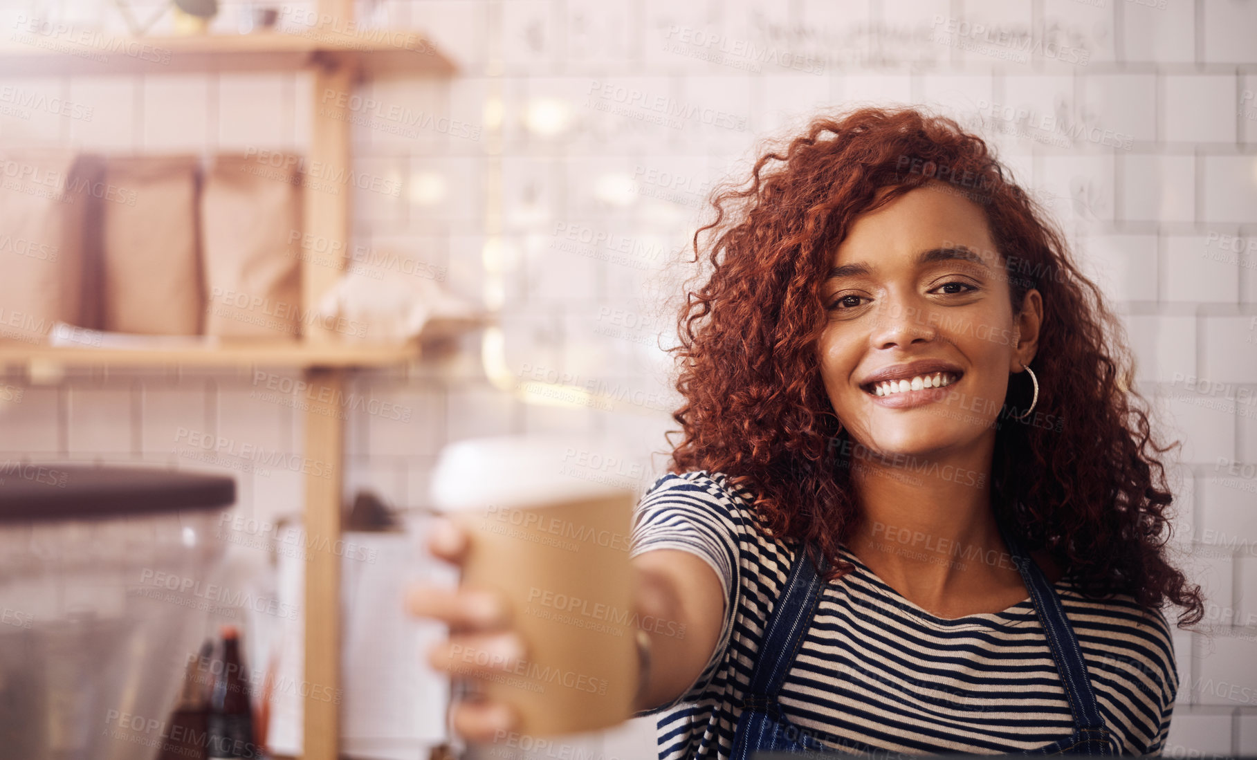 Buy stock photo Portrait of happy woman, waitress service and coffee cup in cafeteria, restaurant shop and small business. Female barista, server and giving cappuccino, drinks and order with smile in food industry