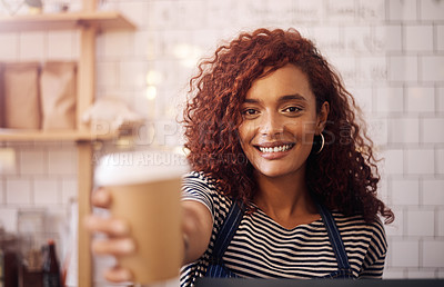 Buy stock photo Portrait, woman and smile of waitress with coffee cup in cafeteria, restaurant and small business store. Happy female barista, server and giving cappuccino, drinks order and friendly service in shop