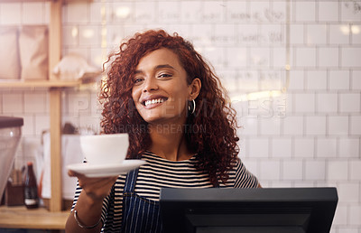 Buy stock photo Happy woman, barista and serving cup in coffee shop, restaurant and cafeteria store of food service industry. Waitress, server and giving order for tea, catering drinks and smile in small business