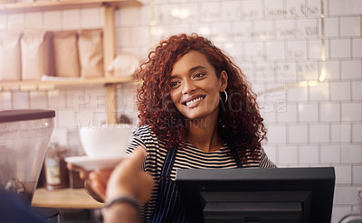 Buy stock photo Happy woman, barista and cup of coffee to customer in cafeteria, restaurant shop and food service industry. Waitress, worker and giving drinks order, cappuccino and tea with smile in small business