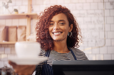 Buy stock photo Portrait of happy woman, waitress and cup of coffee in cafe, restaurant and food service industry. Face, barista, and female worker giving beverage of tea, catering drinks and smile in small business