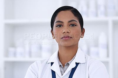 Buy stock photo Cropped portrait of an attractive young female scientist standing in her laboratory