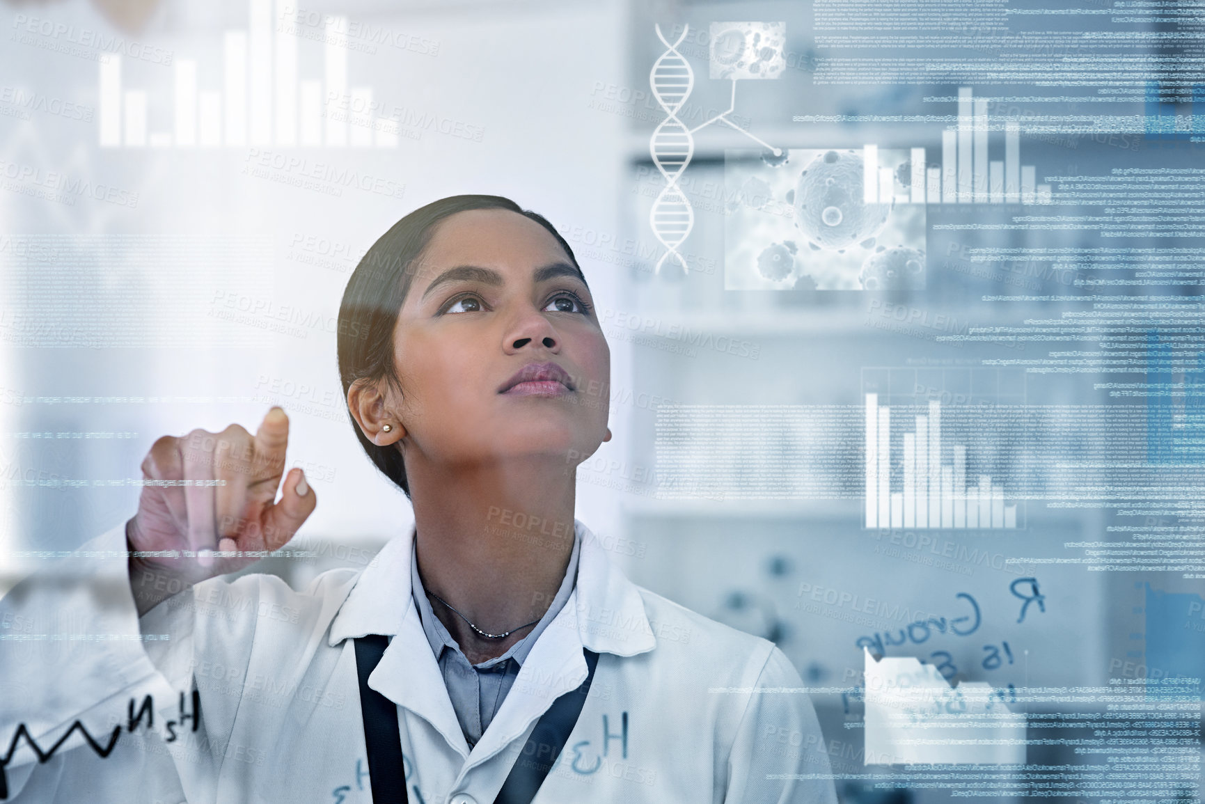 Buy stock photo Woman, science and data with futuristic overlay on glass, research process for vaccine with dna analytics. Female scientist, working and lab with formula for medicine, development or medical