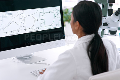 Buy stock photo Rearview shot of an unrecognizable young female scientist working on her computer in the laboratory