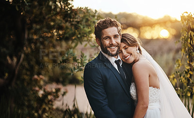 Buy stock photo Love, couple and outdoor for wedding day, smile and celebration with romance, loving and bonding. Romantic, man and happy woman with achievement, marriage and countryside for party and commitment 