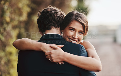 Buy stock photo Couple hug outdoor, love marriage and commitment, wedding day with partnership and respect. Life partner, happiness and groom with bride smile and loyalty with happy people, trust and support