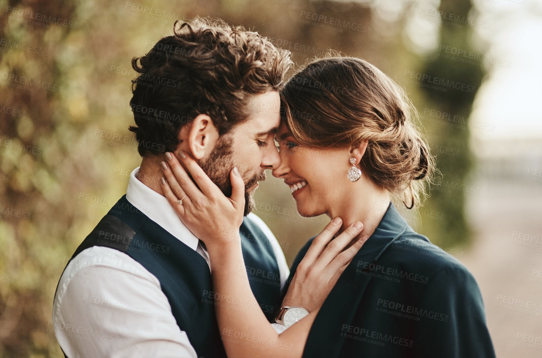 Buy stock photo Love, wedding and face of couple in garden for marriage, ceremony celebration and commitment. Romantic partners, trust and bridal couple hug, embrace and happy for romance, loving and peace in park