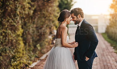 Buy stock photo Love, wedding and couple with smile in garden for marriage, ceremony celebration and commitment. Affection, trust and bride and groom hug, embrace and happy for romance, bonding and loving in park