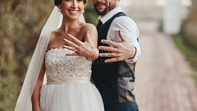 Buy stock photo Love, couple and showing ring outdoor, happiness and celebration for relationship, achievement and loving. Romance, man and happy woman with diamonds, bonding and romantic on wedding day and ceremony