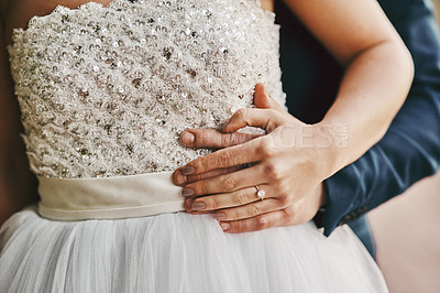 Buy stock photo Wedding, dress and couple hands with marriage closeup, love and commitment with life partner, relationship and fashion. Man, woman and social event, style and partnership with ring, loyalty and trust