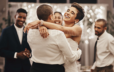 Buy stock photo Wedding, diversity and dance with a lesbian couple in celebration of their union together at a ceremony of tradition. LGBT, woman or love with a female and partner dancing after being married
