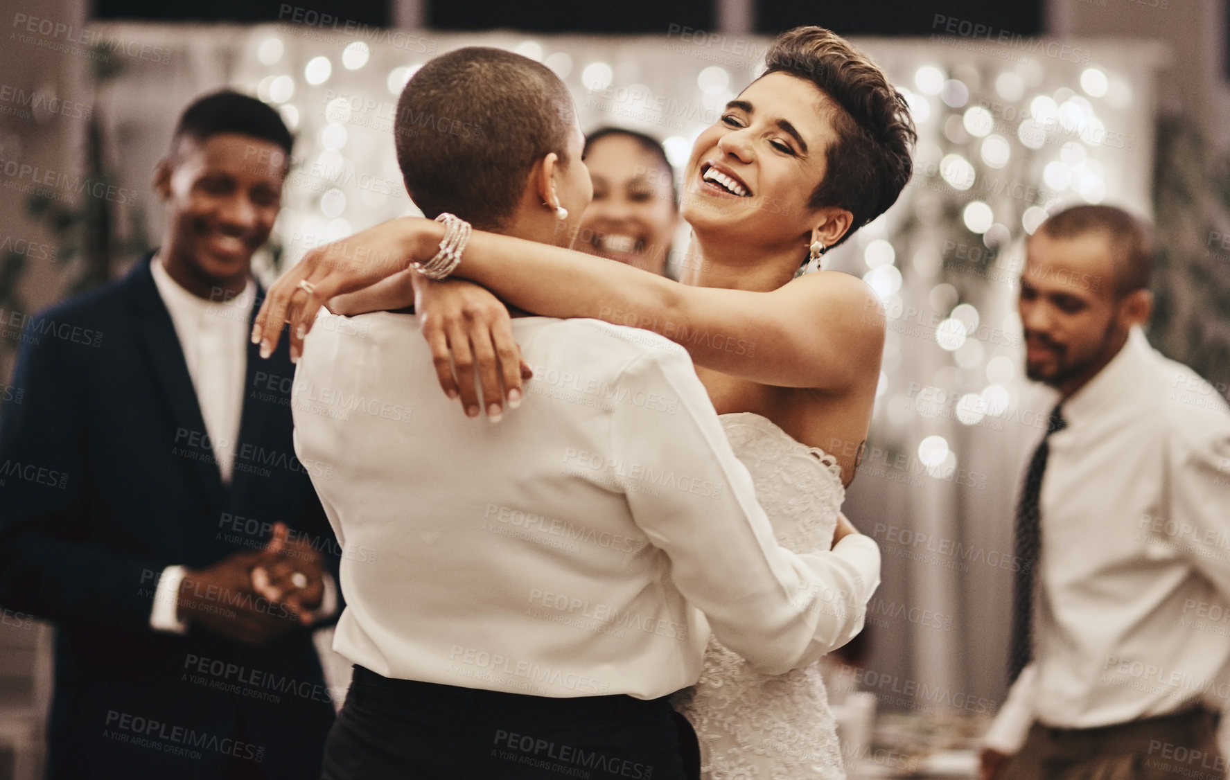 Buy stock photo Wedding, diversity and dance with a lesbian couple in celebration of their union together at a ceremony of tradition. LGBT, woman or love with a female and partner dancing after being married