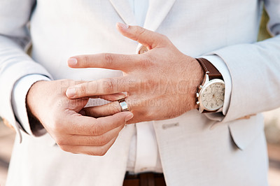 Buy stock photo Man, groom and wedding ring in outdoors, jewelry and symbol for promise of loyalty or commitment. Male person, fingers and icon for love or partnership, support and trust in marriage or relationship