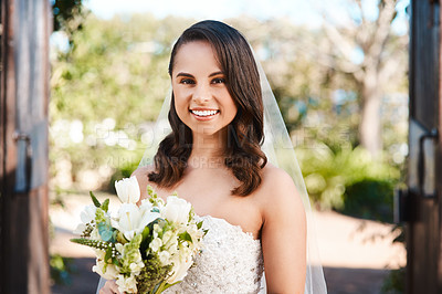 Buy stock photo Happy woman, portrait and bride with flowers for wedding, marriage or ceremony in outdoor nature. Female person with bouquet or bunch of white roses in dress for love, tradition or natural greenery