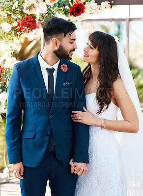 Buy stock photo Couple, wedding and holding hands with love in marriage or luxury fashion and jewellery. Engagement, diamond ring and man with commitment to bride at event with trust, loyalty and respect for partner