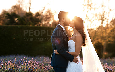 Buy stock photo Cropped shot of a young couple kissing on their wedding day