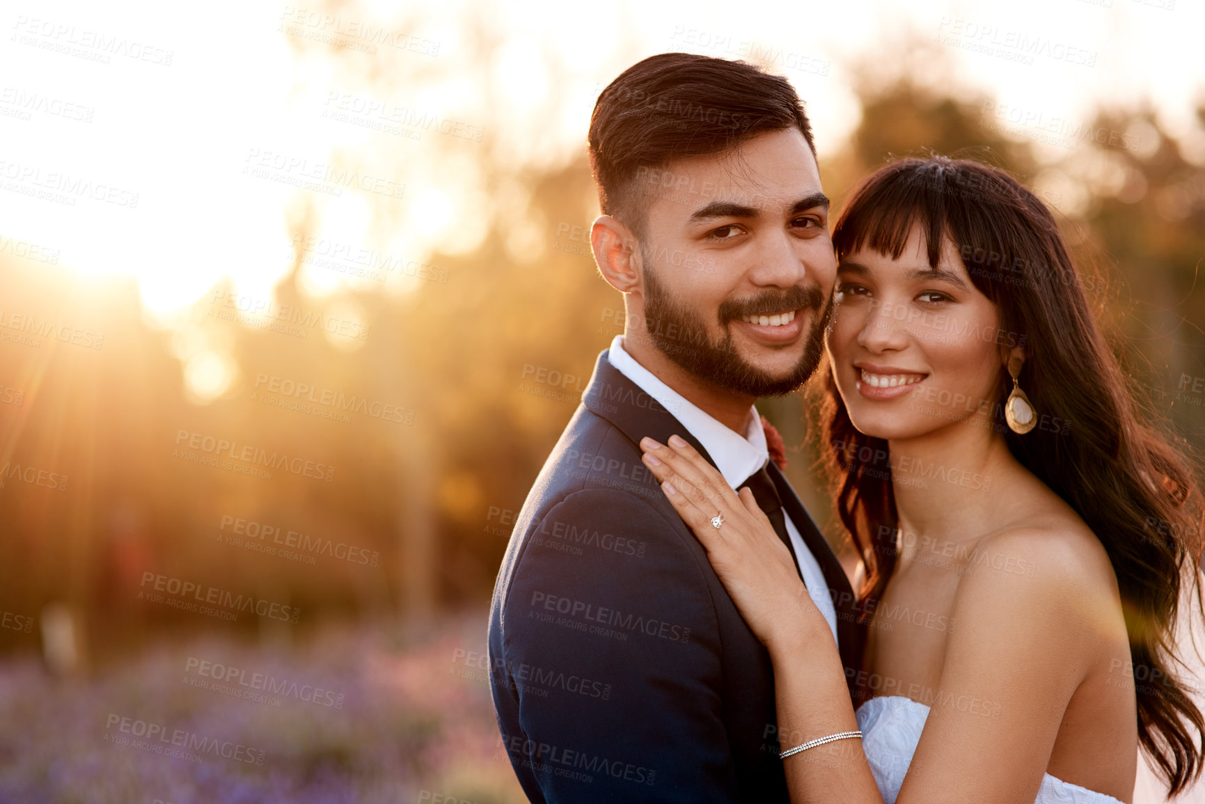 Buy stock photo Outdoor, happy couple and celebration in wedding day with love, commitment and trust of bride and groom. Marriage, man and woman with devotion, support or life partner for married people in nature