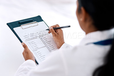Buy stock photo Checklist, woman doctor with clipboard and pen at the hospital. Check mark or tick for correct, document or scan results of person and medical female writing notes or prescription on page or sheet