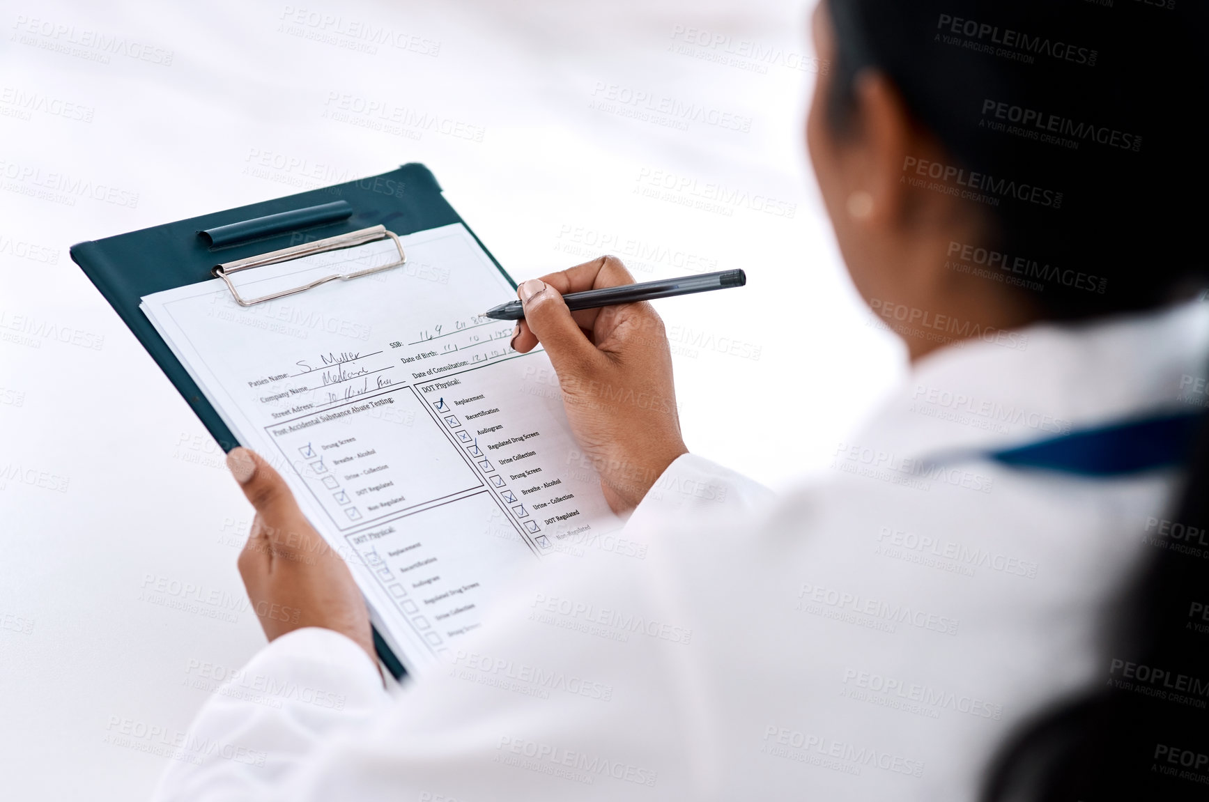 Buy stock photo Checklist, woman doctor with clipboard and pen at the hospital. Check mark or tick for correct, document or scan results of person and medical female writing notes or prescription on page or sheet