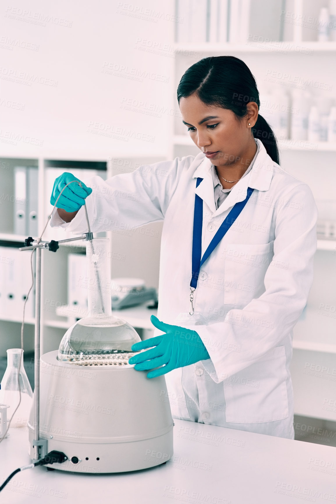 Buy stock photo Scientist, chemistry and woman with flask in laboratory for experiment, research or vaccine analysis. Vortex mixer, medicine and female chemist for molecule structure, developing cure or innovation