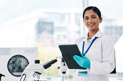 Buy stock photo Portrait, scientist and happy woman with tablet for research, experiment or study in lab. Face, science or medical doctor on digital technology for innovation, test or chemical analysis on microscope