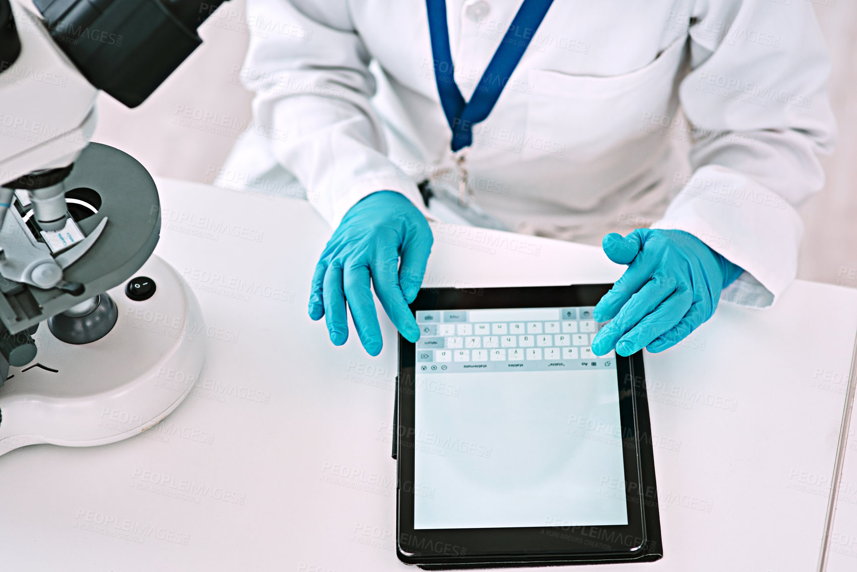 Buy stock photo Hands, scientist and tablet screen for research in lab, experiment or studying. Digital technology, science and medical person typing on app for innovation, test or results on chemical analysis above