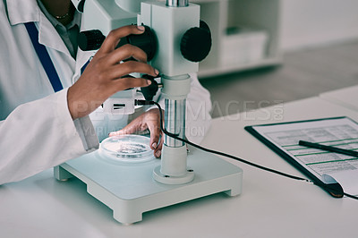 Buy stock photo Cropped shot of an unrecognizable female scientist  using a microscope while working in a laboratory