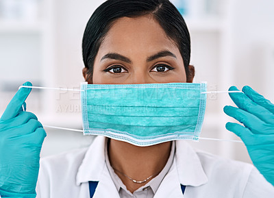 Buy stock photo Face mask, woman and portrait of scientist in laboratory with research for pharmaceutical innovation. Healthcare, gloves and medical researcher work on investigation, analysis or discovery of virus.