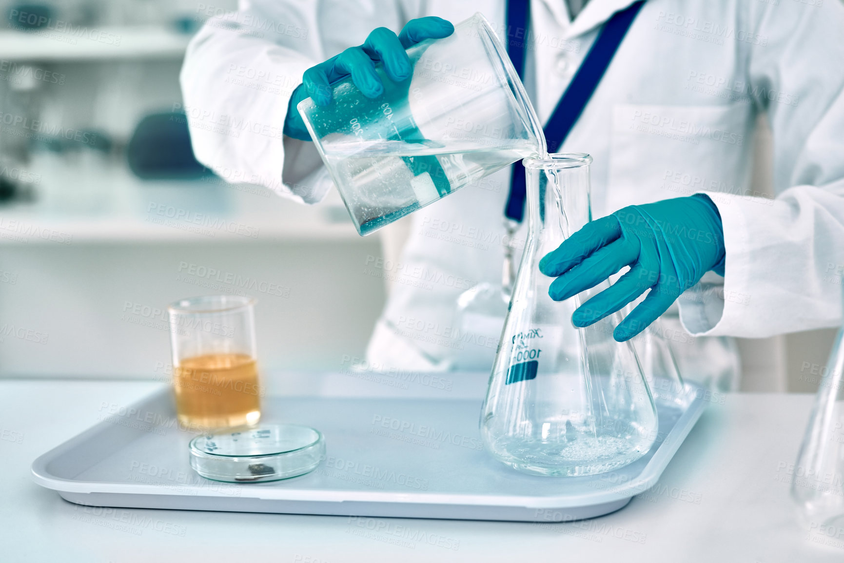 Buy stock photo Laboratory, scientist or hands with chemical for pouring, liquid and fluid for science experiment. Healthcare, medical person or employee with glass bottle, beaker and analysis for research in clinic